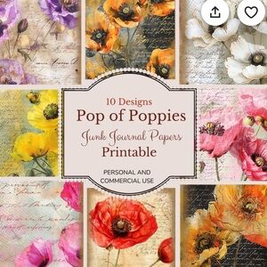 Pop of Poppies Junk Journal Papers Paper pack 64# Cardstock set